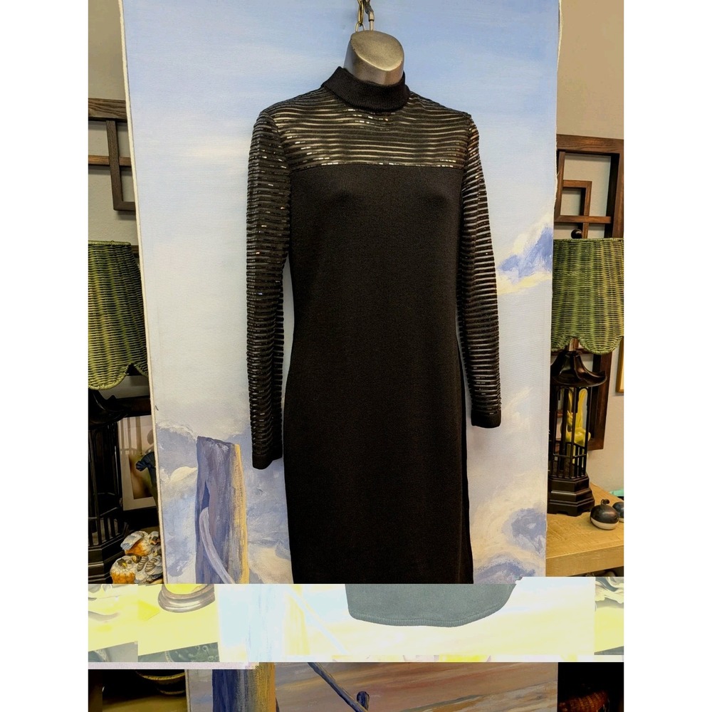 ST. JOHN Evening By Marie Gray 4 Sheer Shoulder Embellished Sheath Dress Blak...